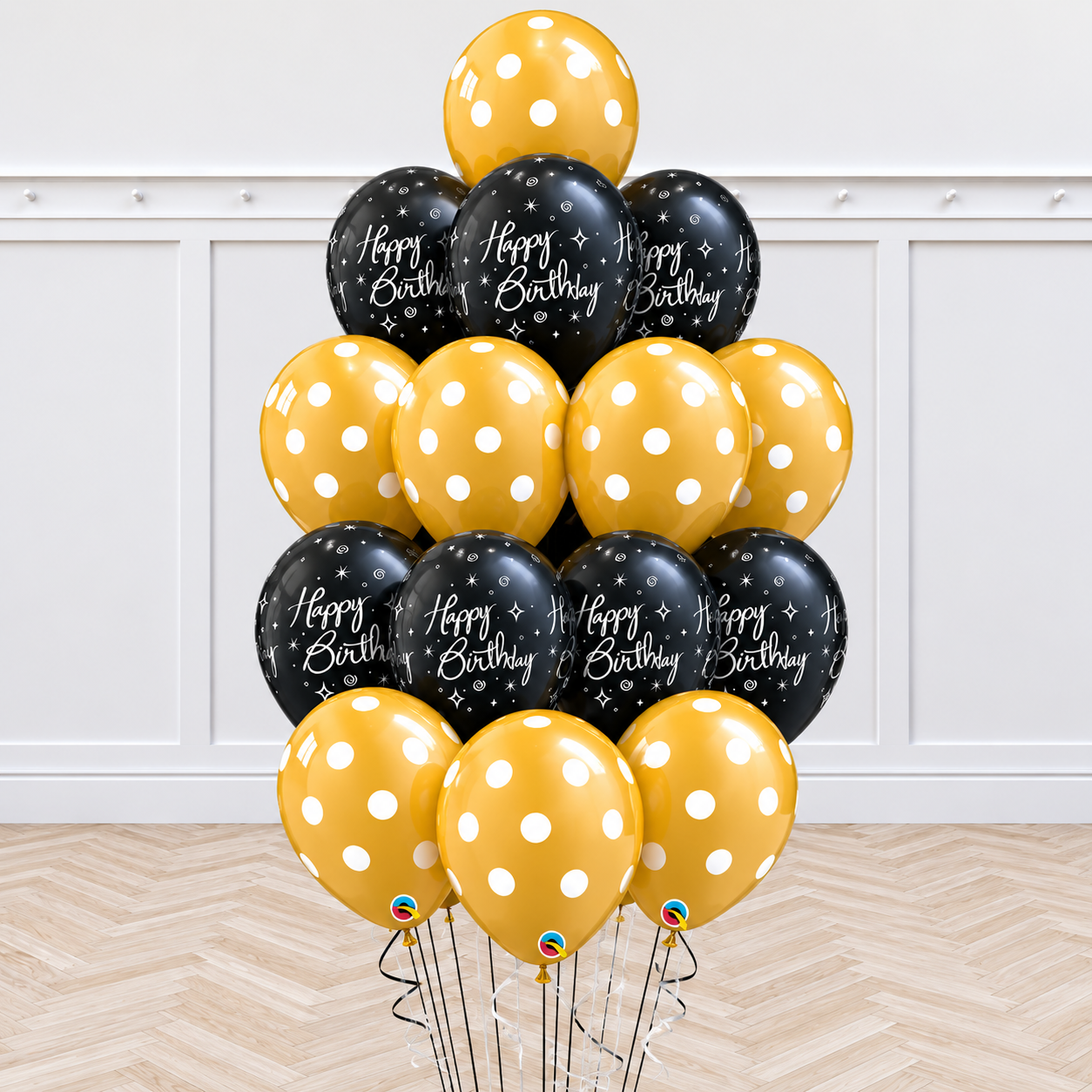 Elegant Black Birthday Sparkles Gold Polka Balloons Bouquet - 15count