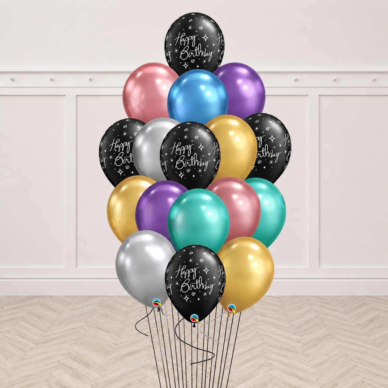 Assorted Chrome Elegant Black Sparkling Birthday Balloon Bouquet - 15count