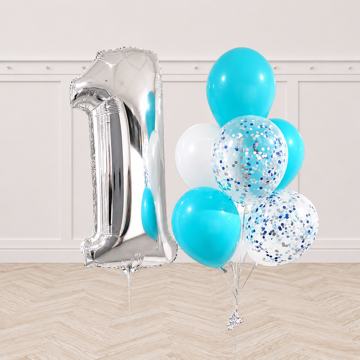 Any Number Silver and Blue Confetti Balloon Bouquet