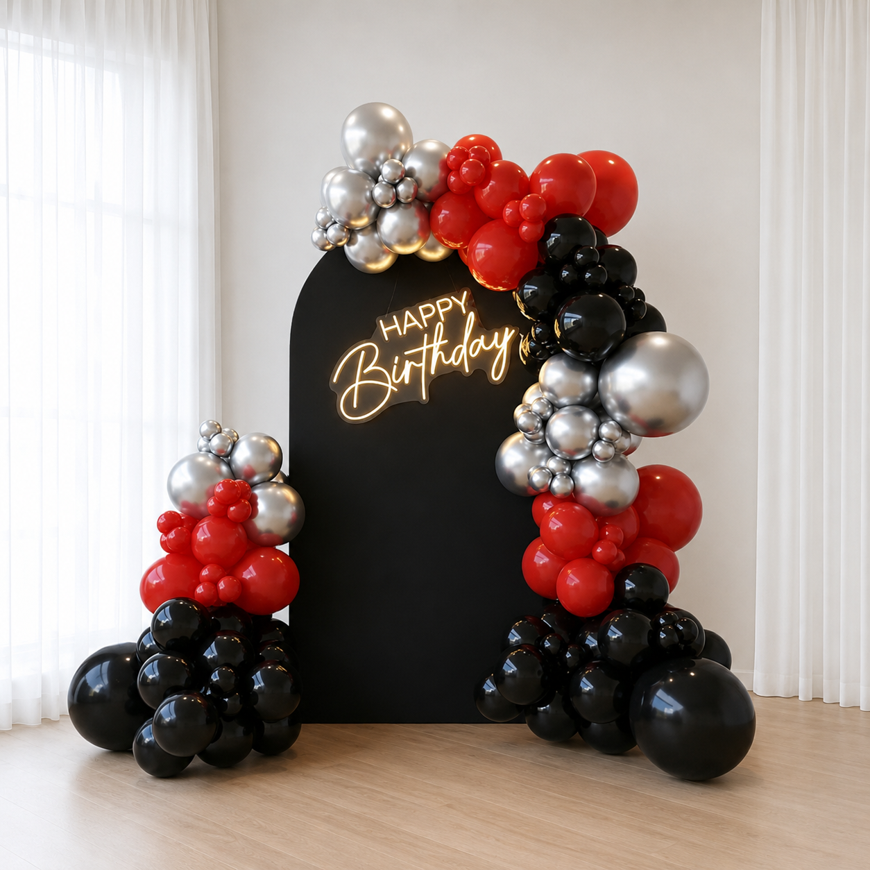 Black, Silver & Red Balloon Garland with Backdrop
