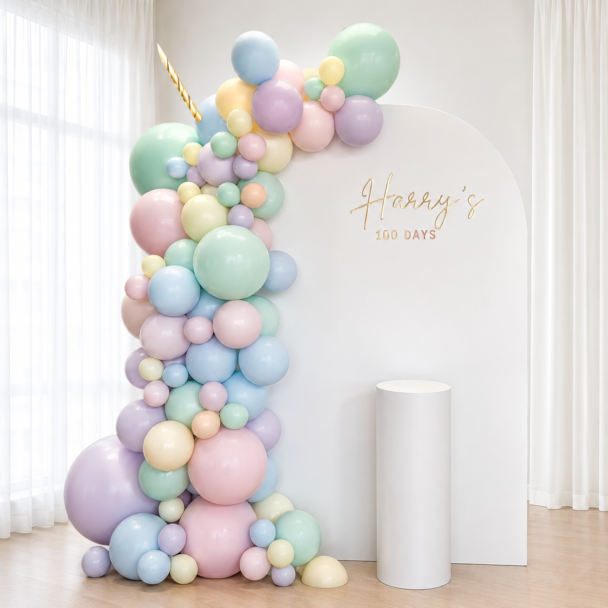 Pastel Balloon Garland with Backdrop & Cake Stand - Pre Order