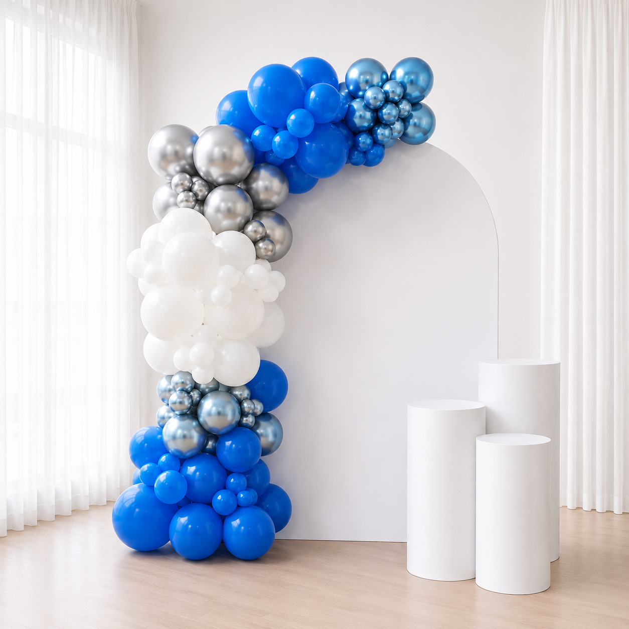 Sky Blue & Chrome Balloon Garland, Backdrop & Cake Stand