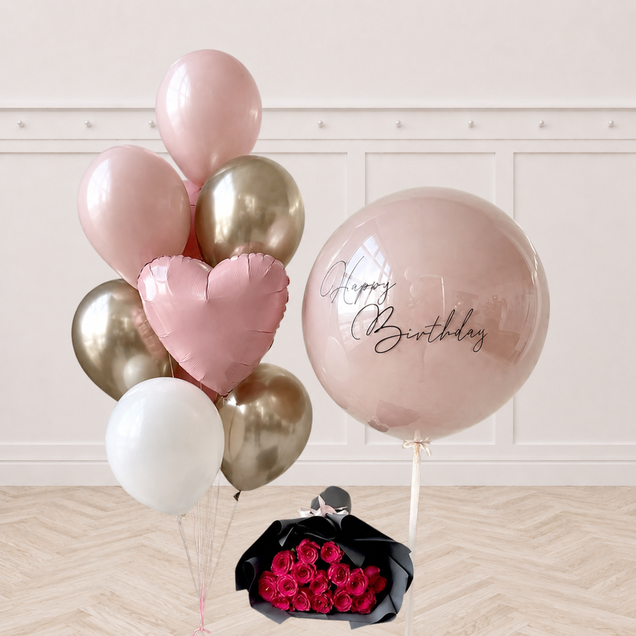 30 Inches Custom Text Aesthetic Balloon Bouquet & Fresh Flower Set