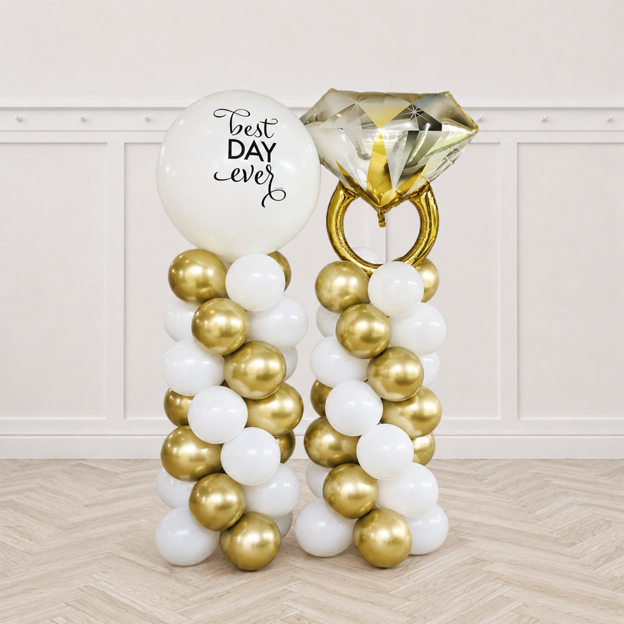 Custom Text Engagement / Wedding Balloon Pillar with 30" Latex & Rings Foil Topper