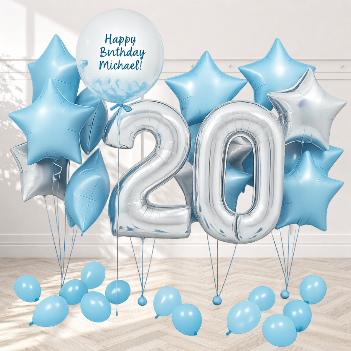 Custom Age - Blue & Silver Birthday Balloons Package