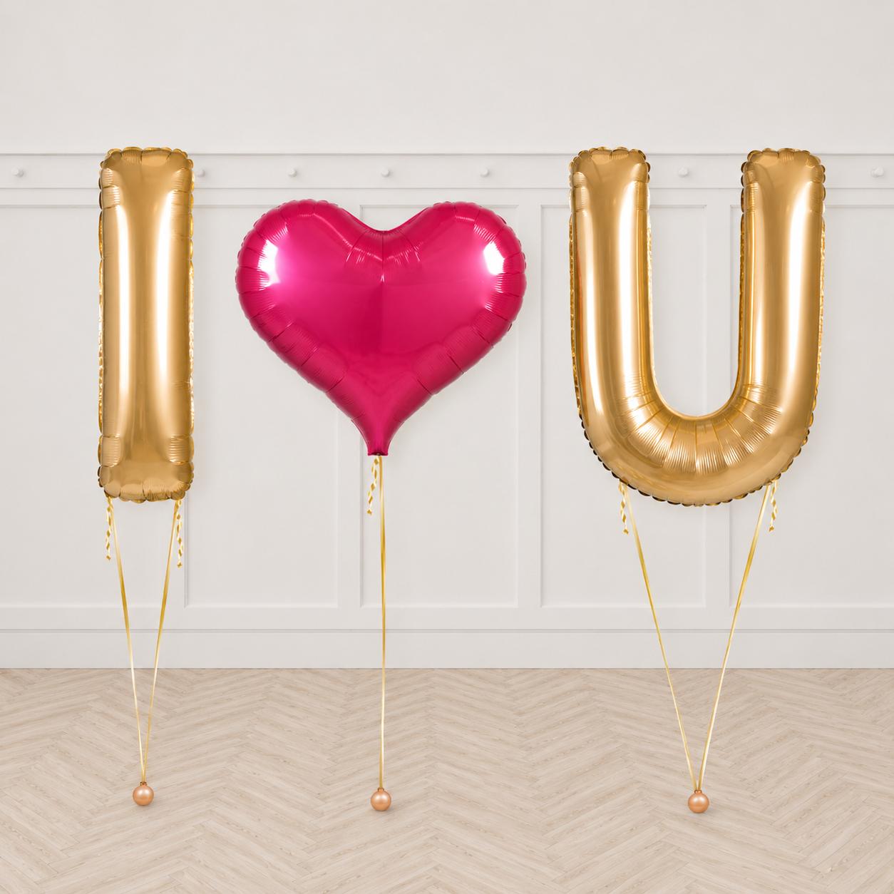 Gold “I ❤️ U” with Hot Pink Heart Helium Balloon Package