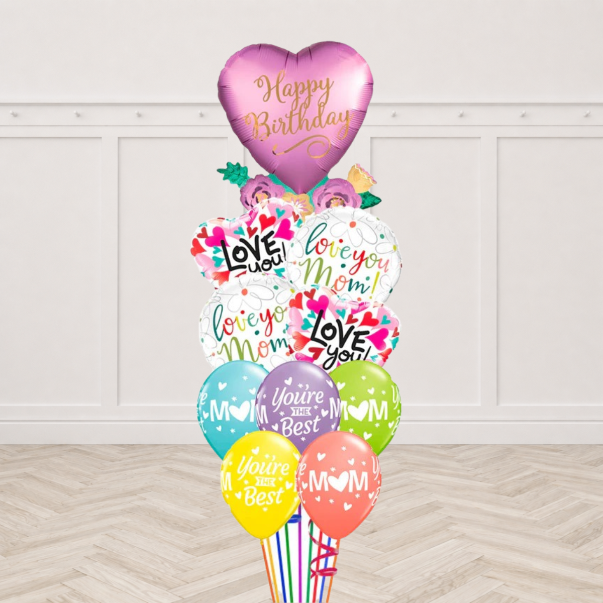 Birthday Satin Hearts Love You Mom Balloon Bouquet