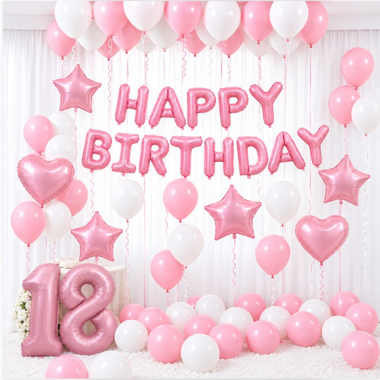 Pink Happy Birthday foil letter banner with pink star and heart foil balloons