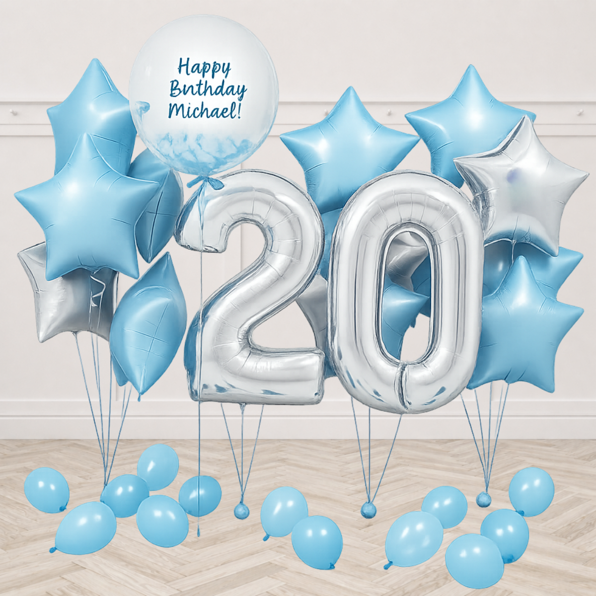 Custom Age - Blue & Silver Birthday Balloons Package