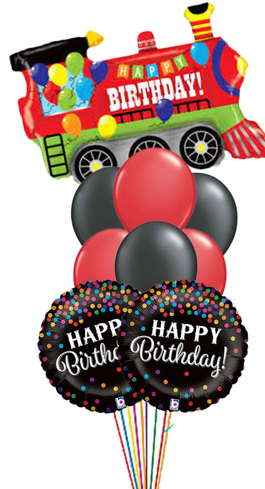 Birthday Party Train & Glittering Birthday Confetti Balloon Bouquet