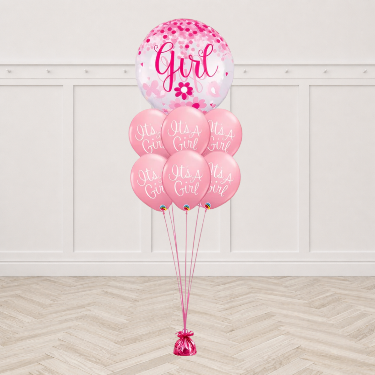 Jumbo Baby Girl Confetti Classy Script Balloon Bouquet