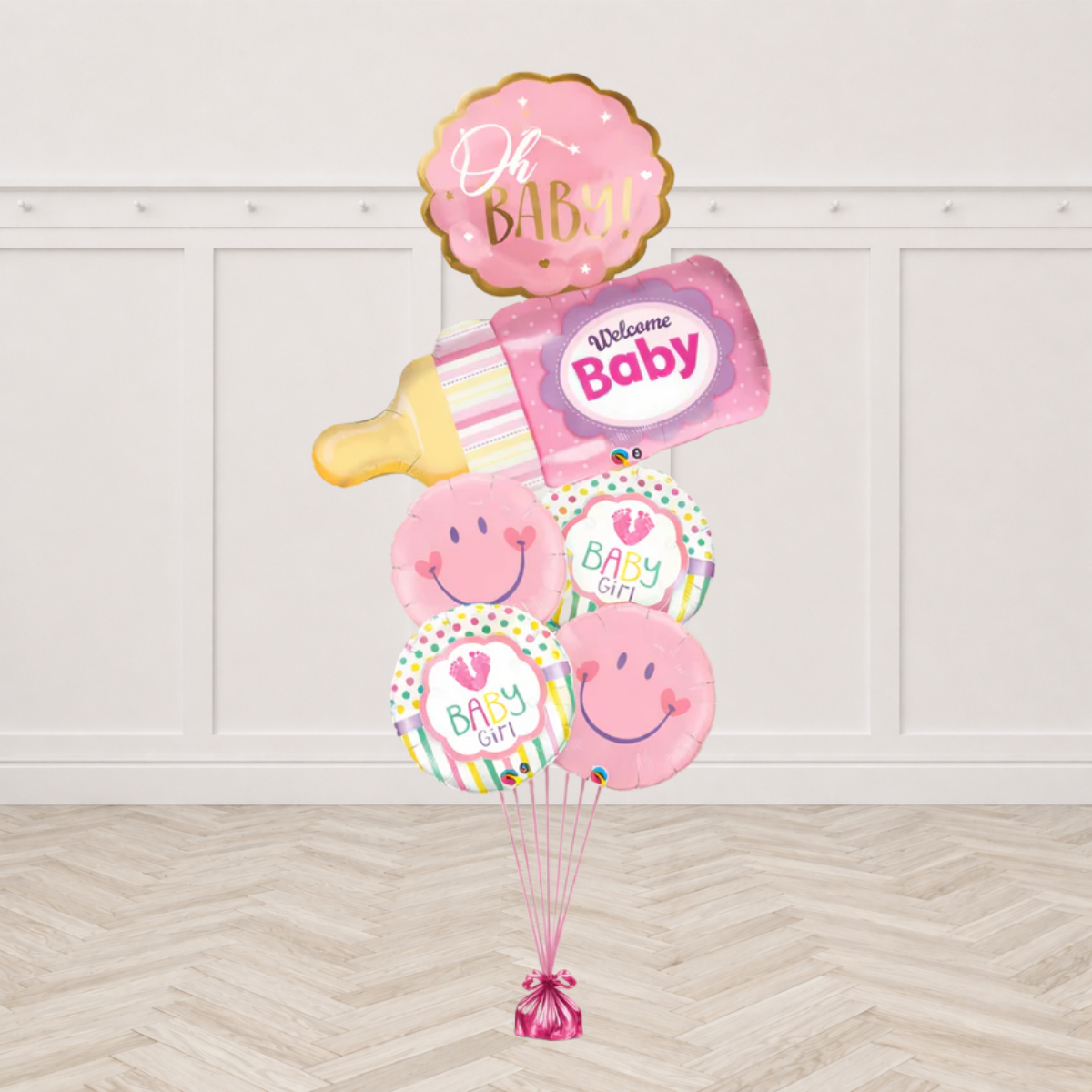 Baby Girl Pink Girl Bottle Smiley Balloon Bouquet