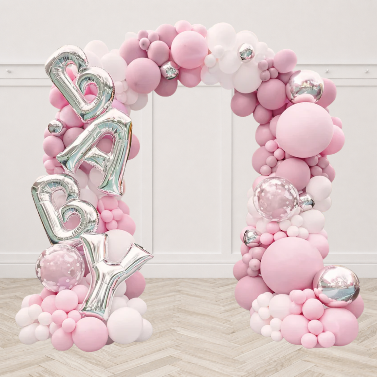 Baby Girl Balloon Arch with "Baby" Foil Letters