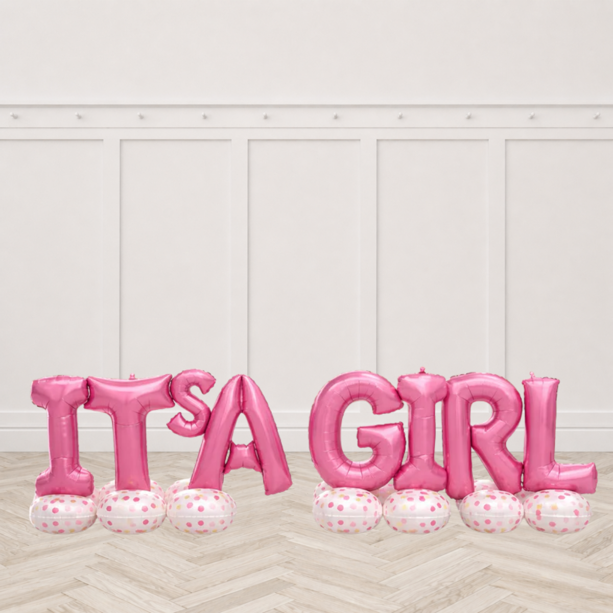 It’s A Girl Pink Balloon Letter Set with Base – Pre-Standing Air-Filled Baby Girl Decoration