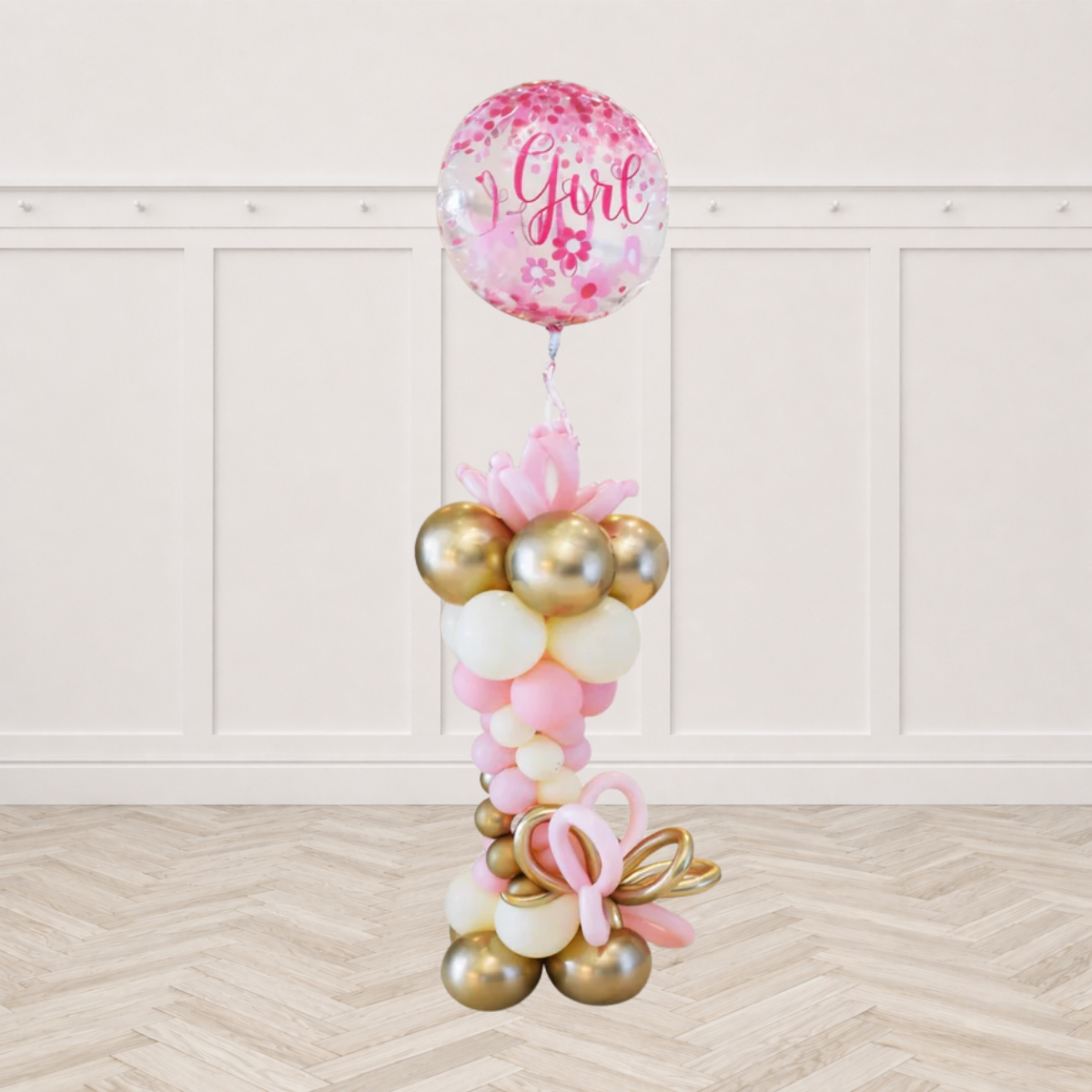 New Born Balloon Pillar with Jumbo Baby Girl Confetti as Topper