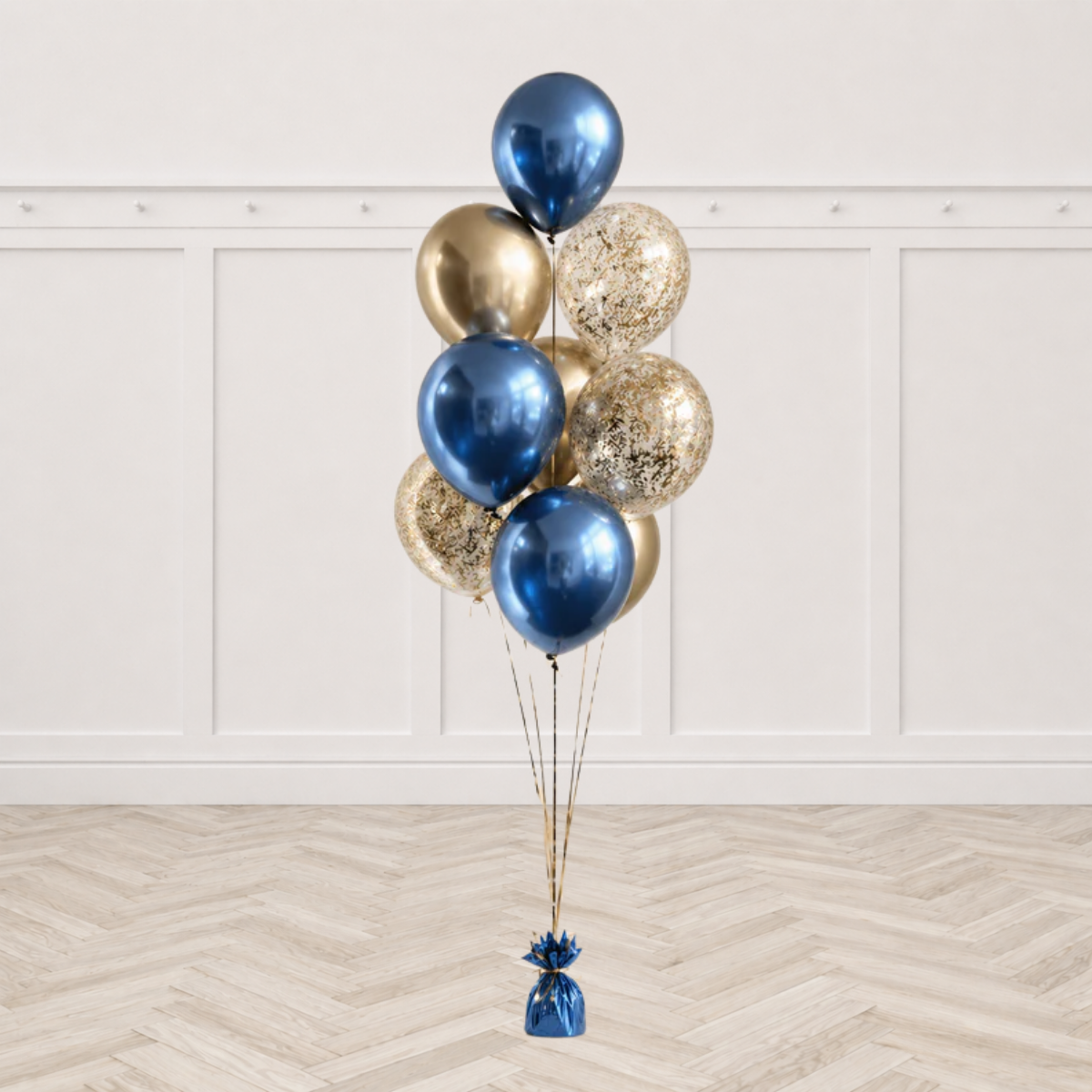 Blue Chrome & Gold Confetti Balloon Bouquet