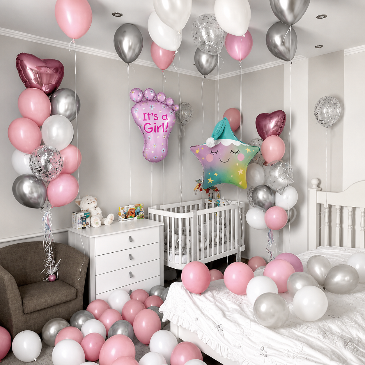 Welcome Baby Girl Chrome Confetti Balloon Package