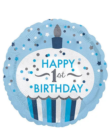 Boy's 1st(First) Birthday Cupcake Holographic Balloon - Blue