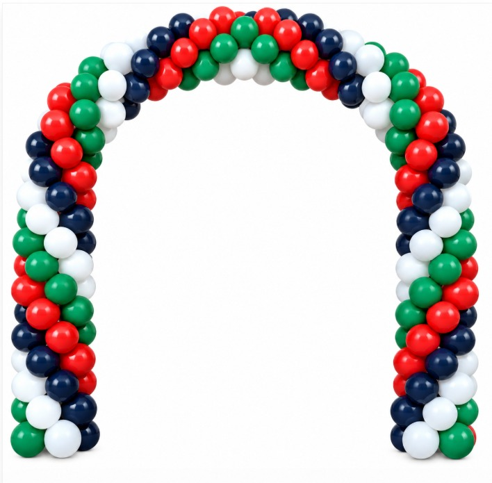 Red green white and black latex balloon arch in a spiral pattern for UAE National Day
