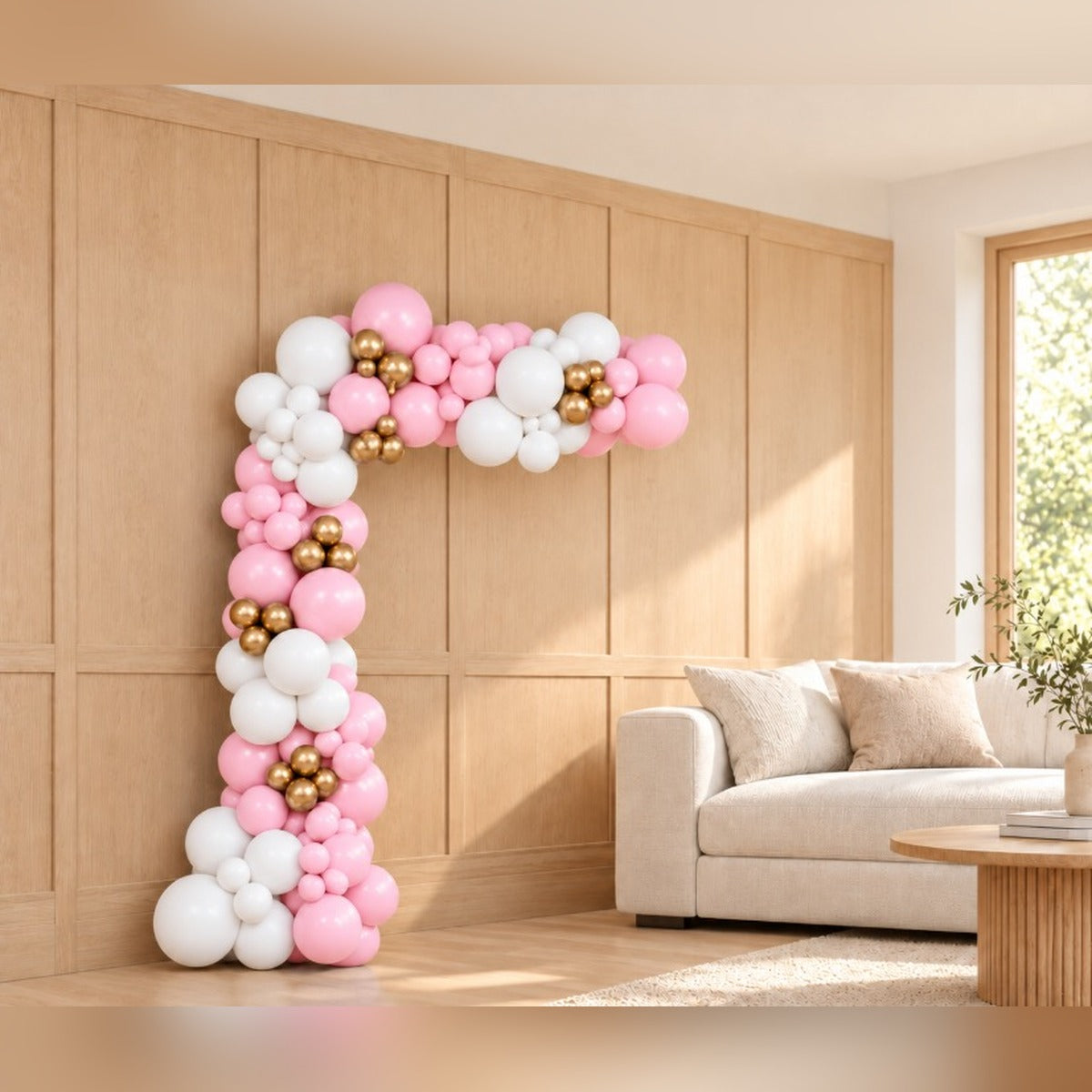 Pink, white and gold organic latex balloon arch
