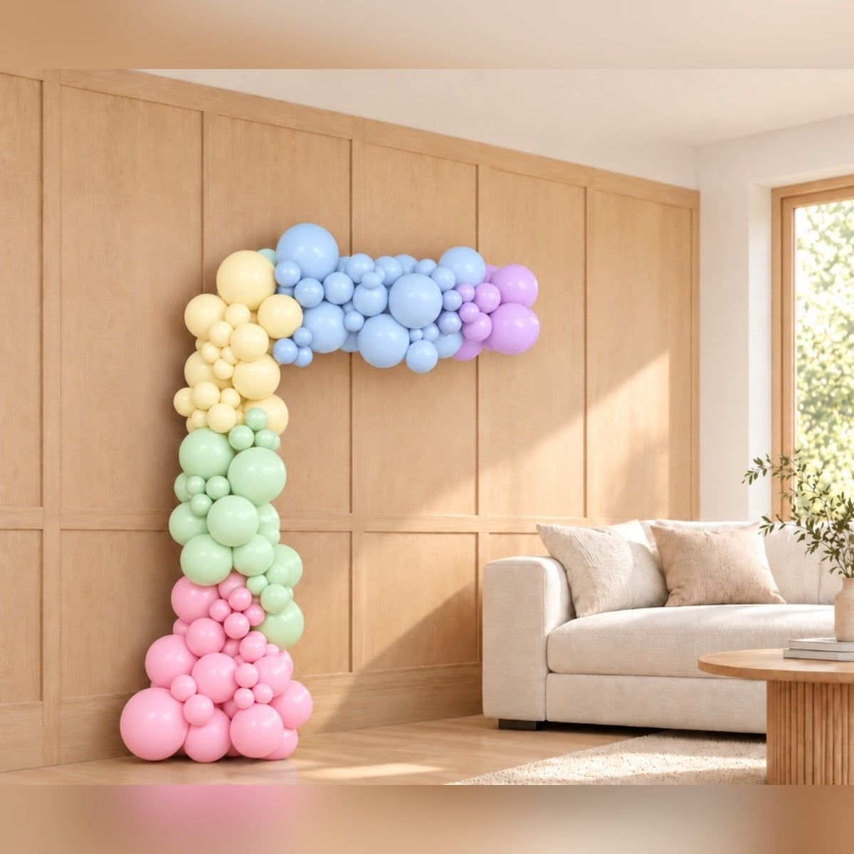 Pastel rainbow organic latex balloon arch
