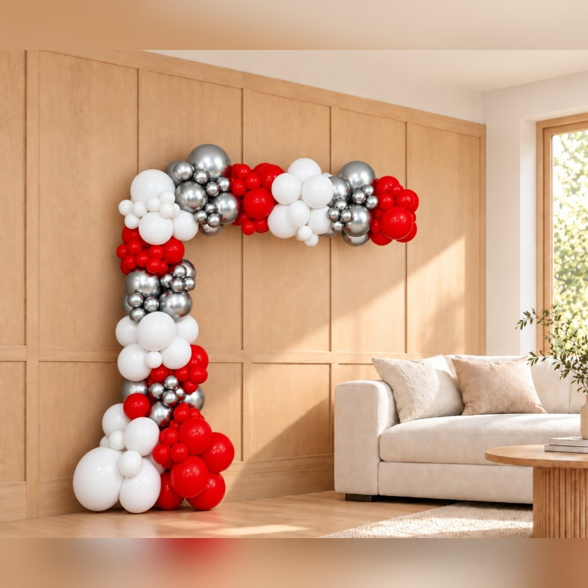 Red, white and silver organic latex balloon arch