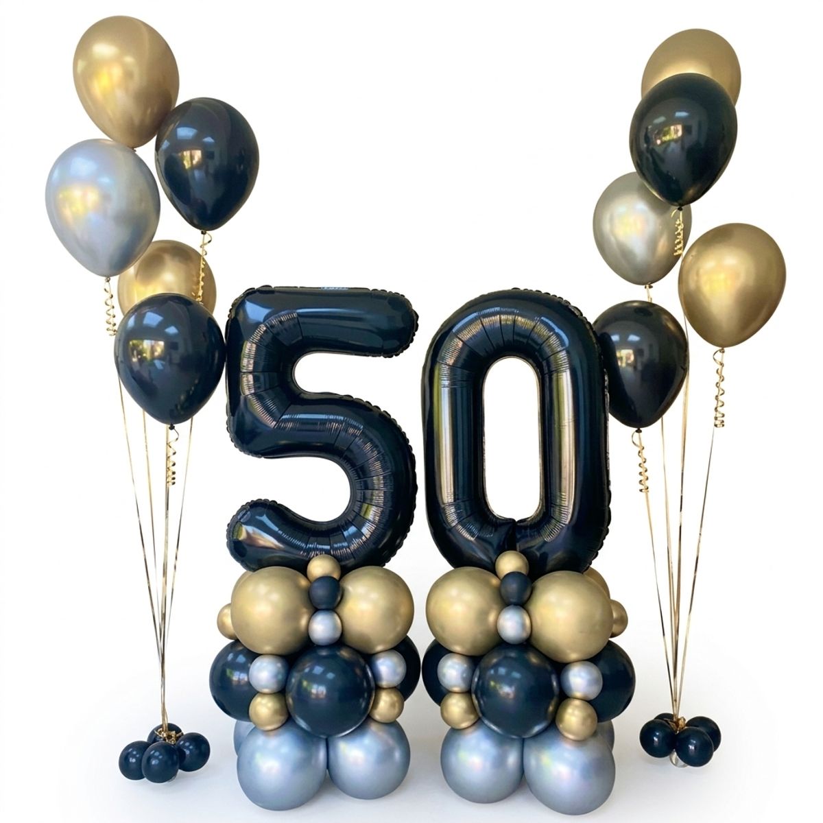 Black foil number 50 balloons with black, gold and silver balloon clusters and matching floating balloon bouquets