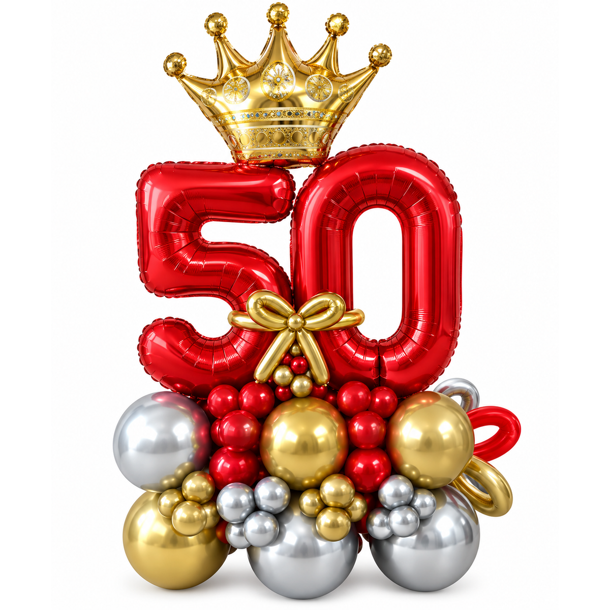 Red foil number 50 balloons with a gold crown balloon and red, gold and silver balloon cluster