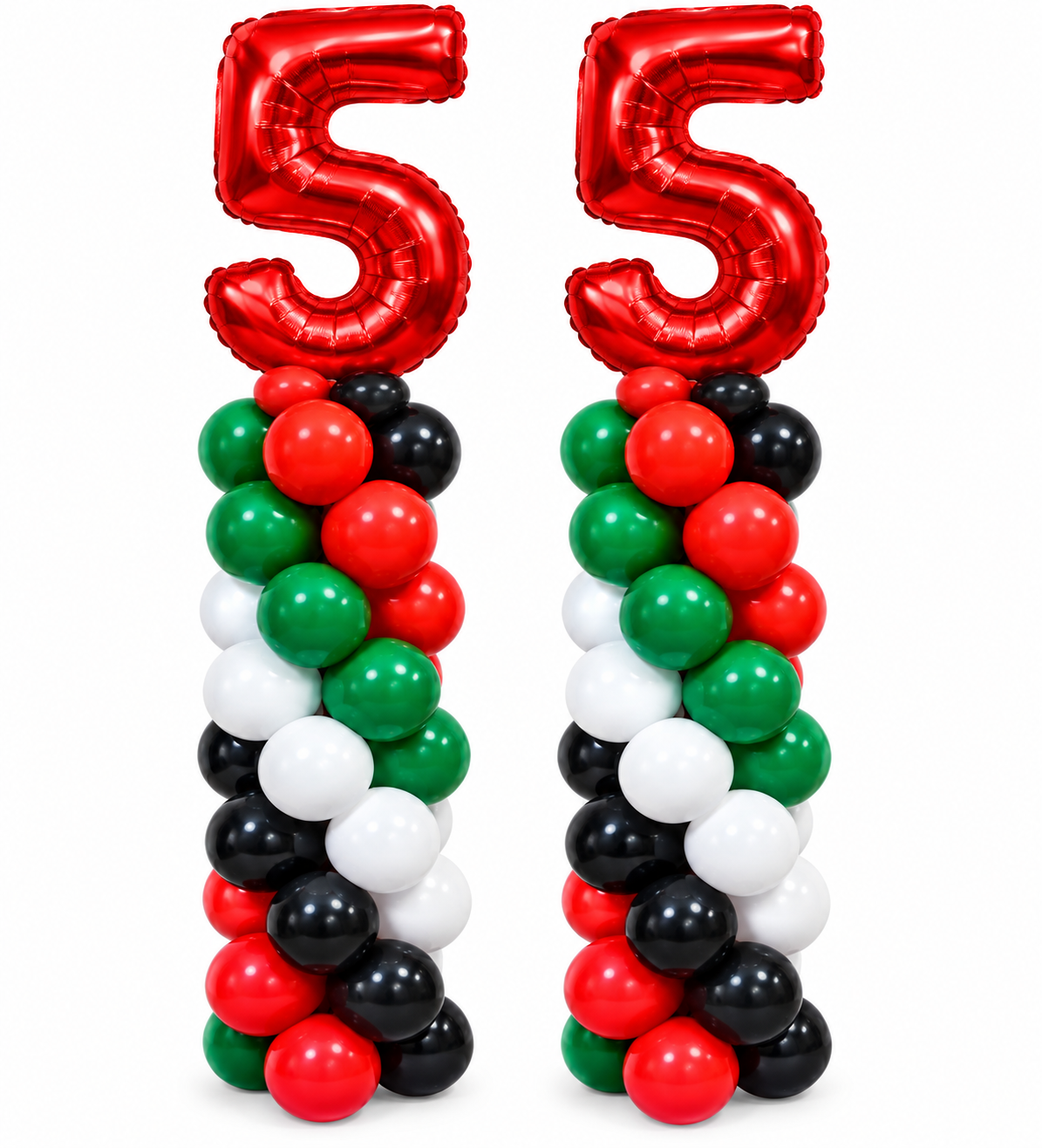 Two red number 5 foil balloons on top of red green white and black latex balloon pillars reading 55 for UAE National Day