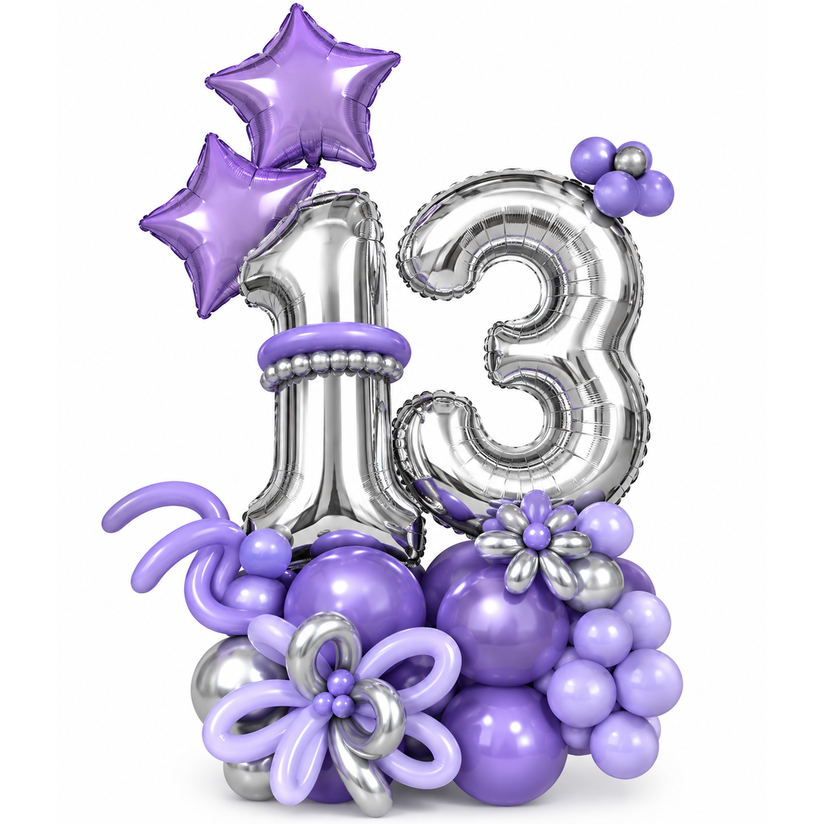 Silver foil number 13 balloons with purple star balloons and a purple and silver balloon base