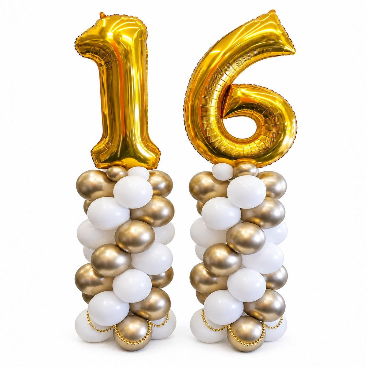 Gold foil number 16 balloons on gold and white balloon columns with pearl chain accents