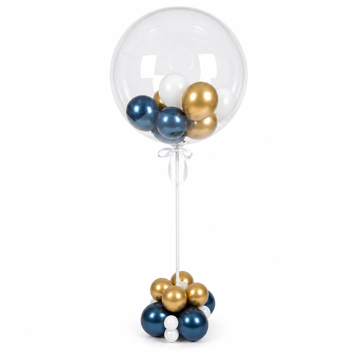 Clear bubble balloon filled with navy, gold and white balloons on a white stick with a white ribbon bow