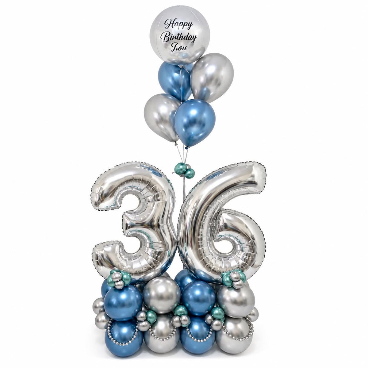 Silver foil number 36 balloons with a Happy Birthday orbz balloon and blue and silver balloon cluster