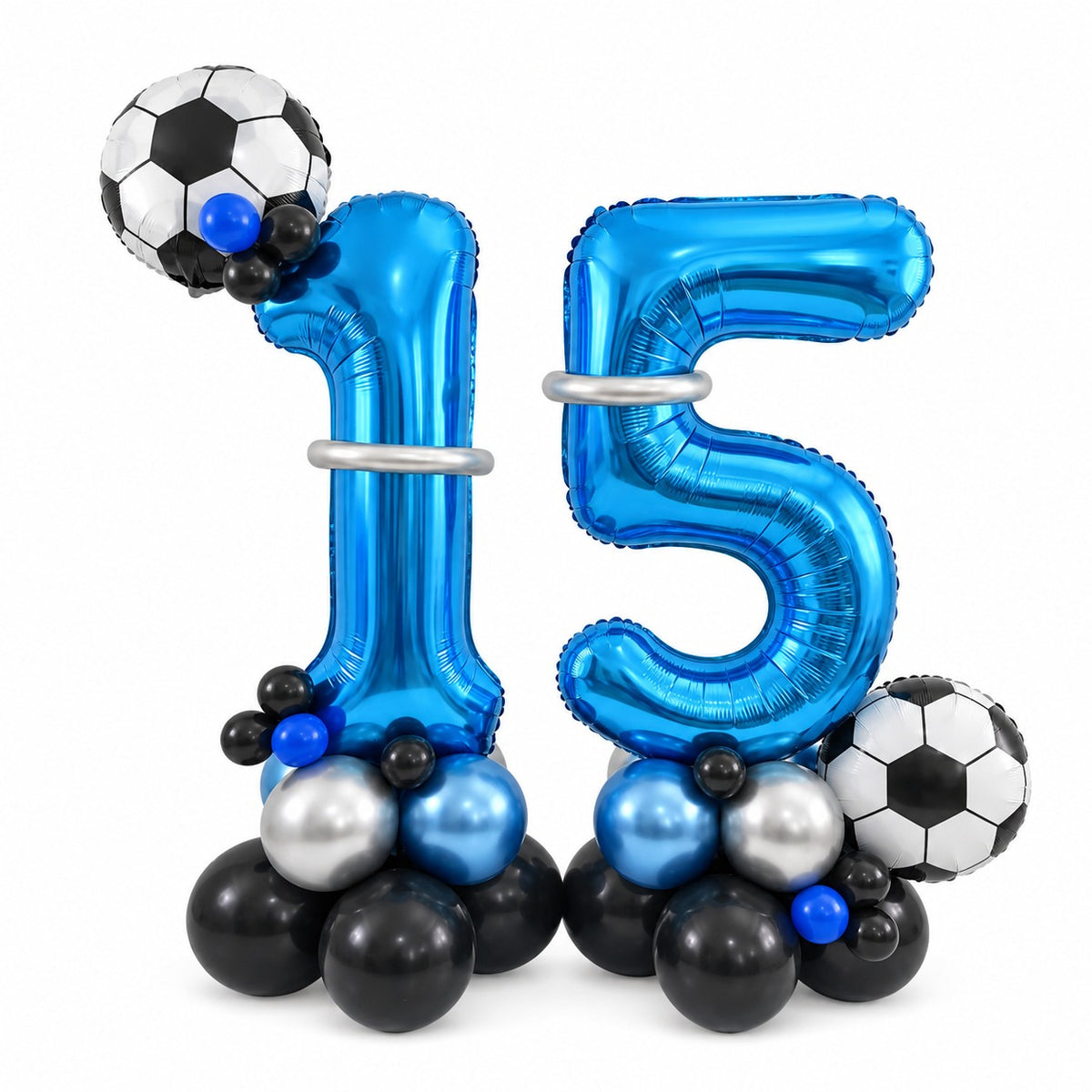 Blue foil number 15 balloons with football balloons and black, blue and silver balloon clusters
