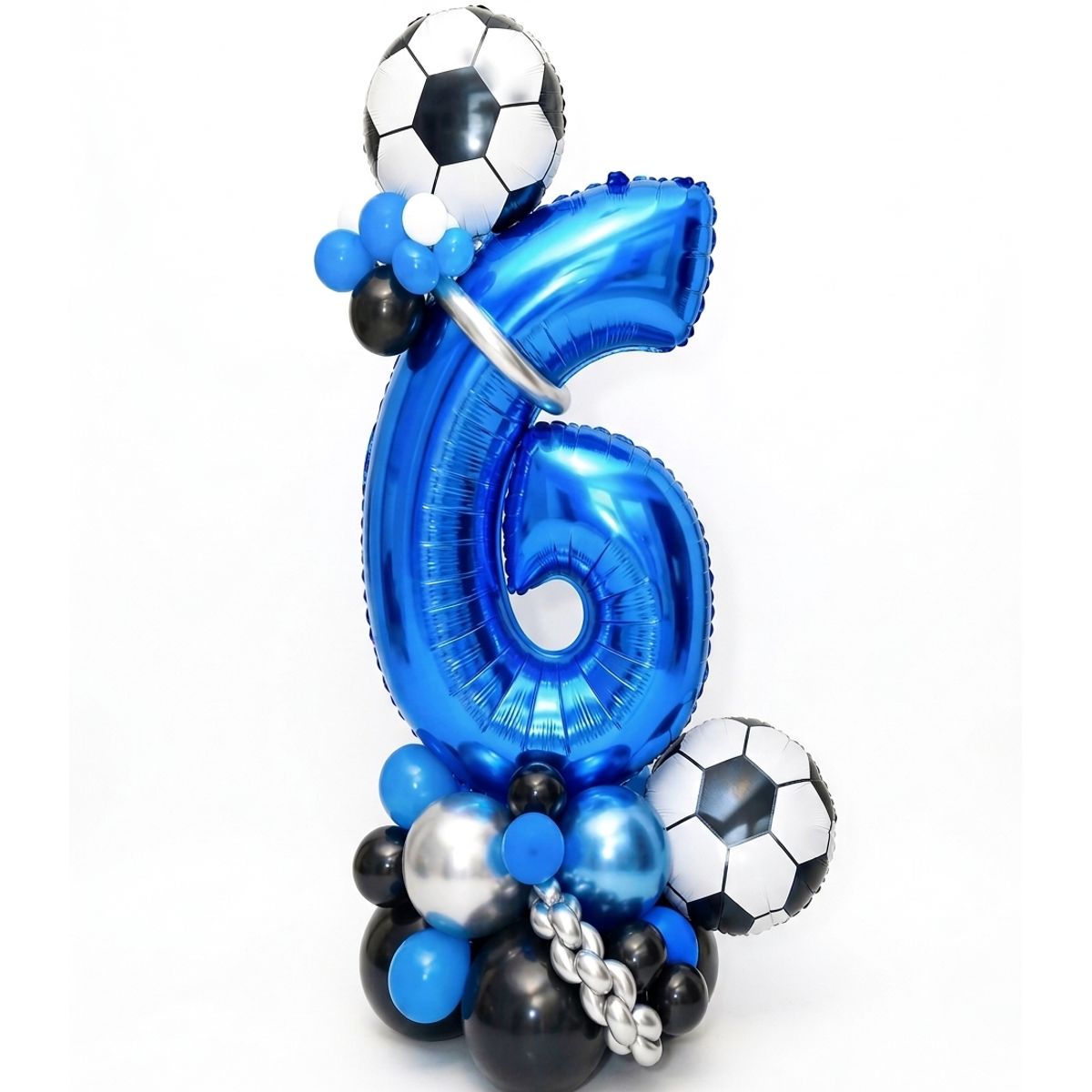 Blue foil number 6 balloon with two football balloons and black, blue and silver balloon cluster
