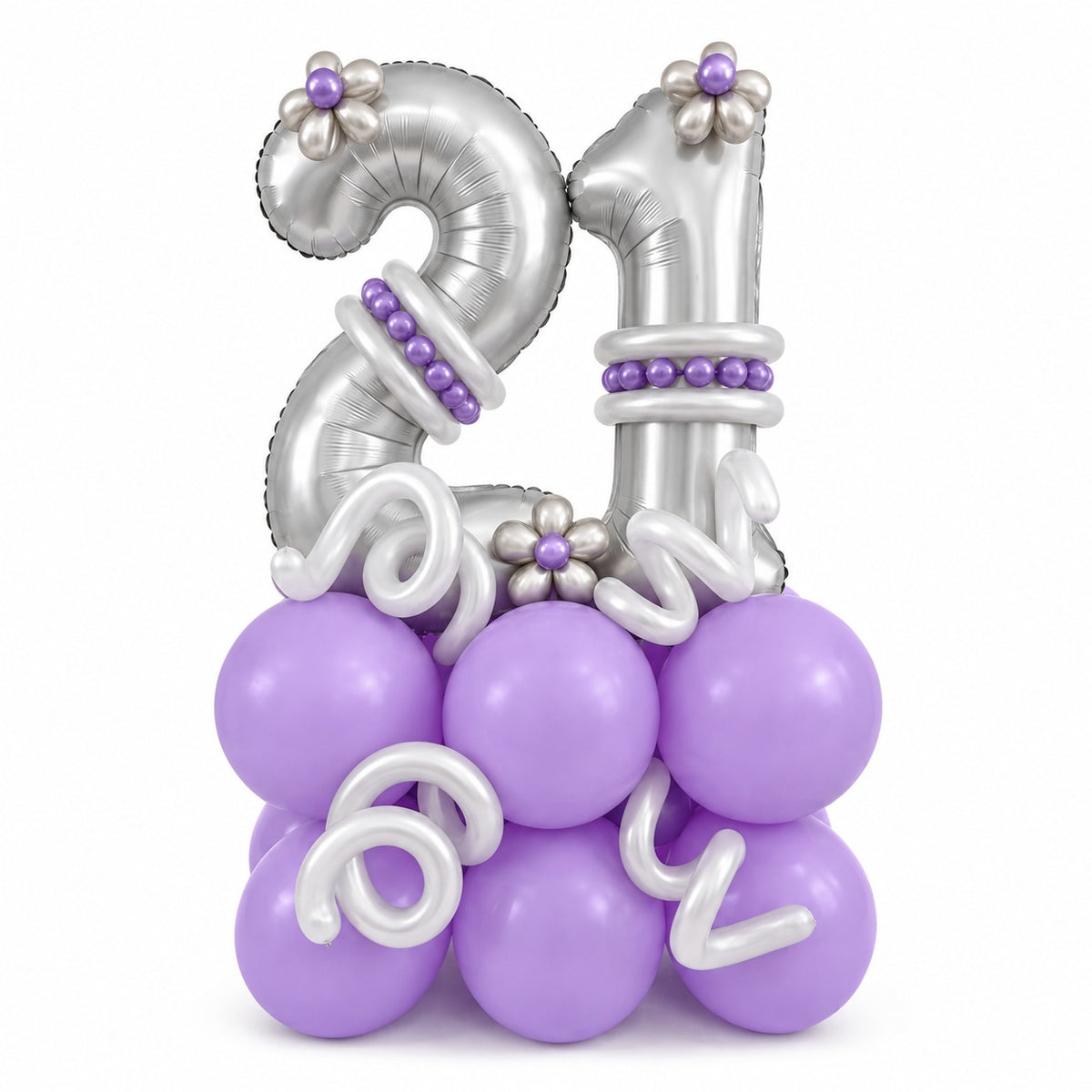 Silver foil number 21 balloons with a purple beaded ring and purple balloon base