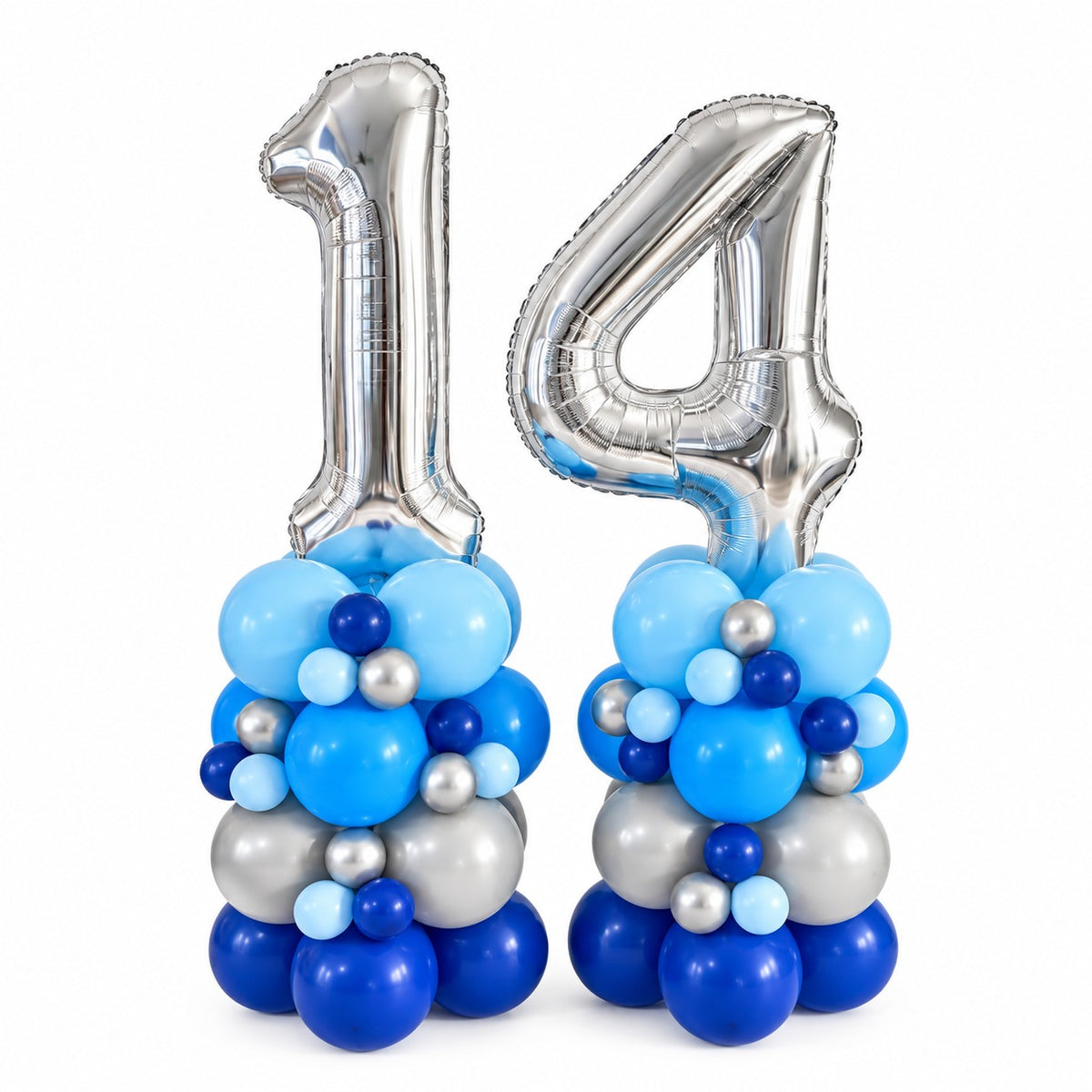 Silver foil number 14 balloons on blue ombre balloon columns with silver accents