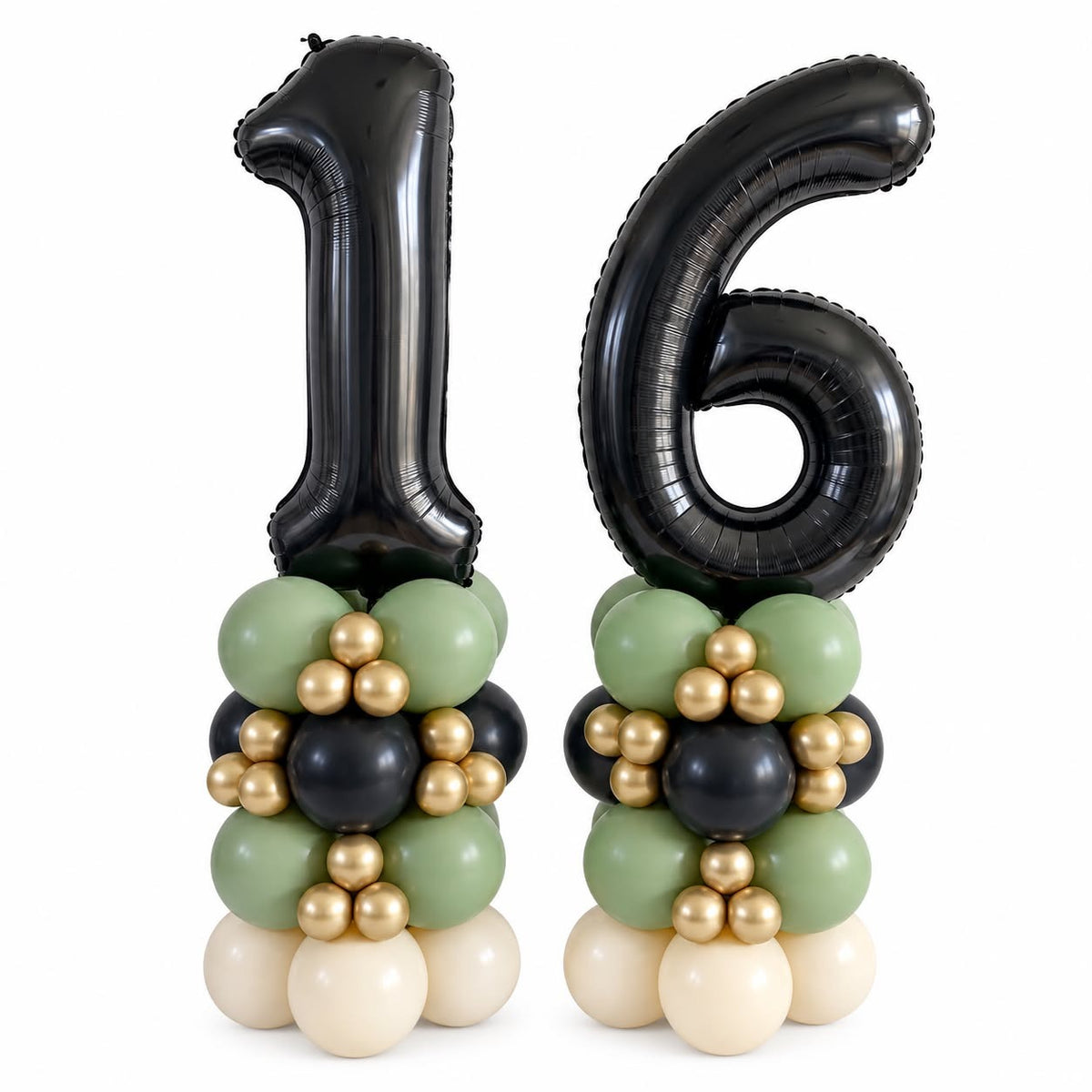 Black foil number 16 balloons on sage green, black, gold and cream balloon clusters