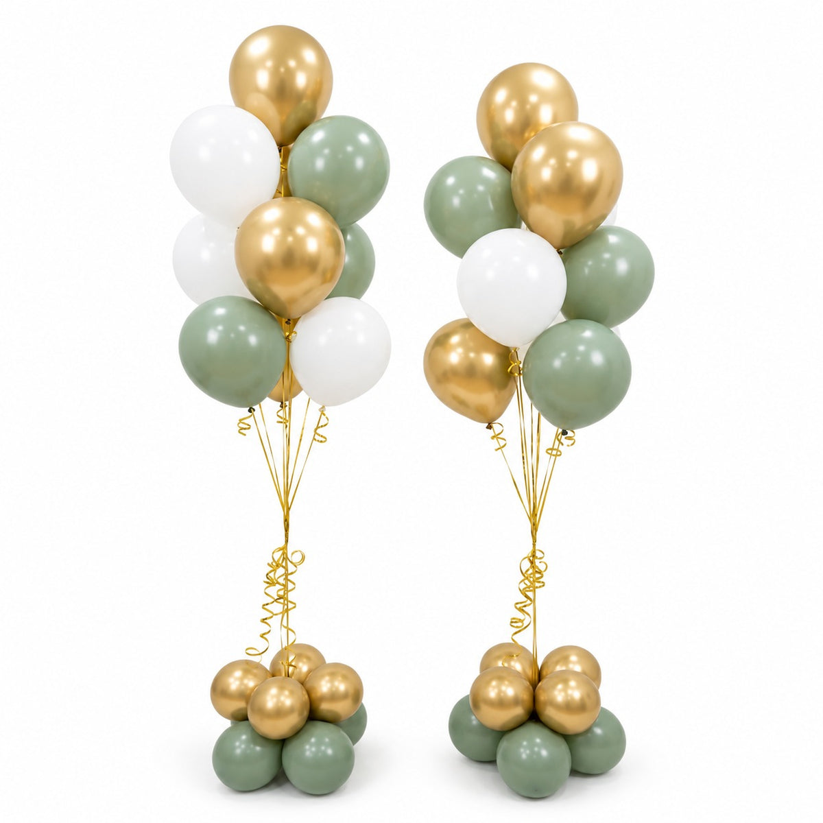 Gold, sage green and white round balloons on curling ribbons with a matching balloon base