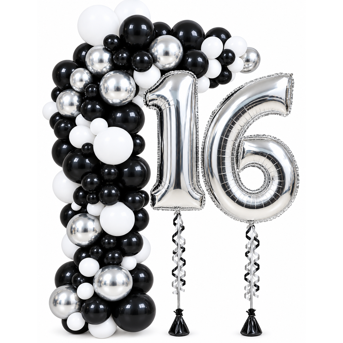 Black, white and silver balloon arch with silver foil number 16 balloons