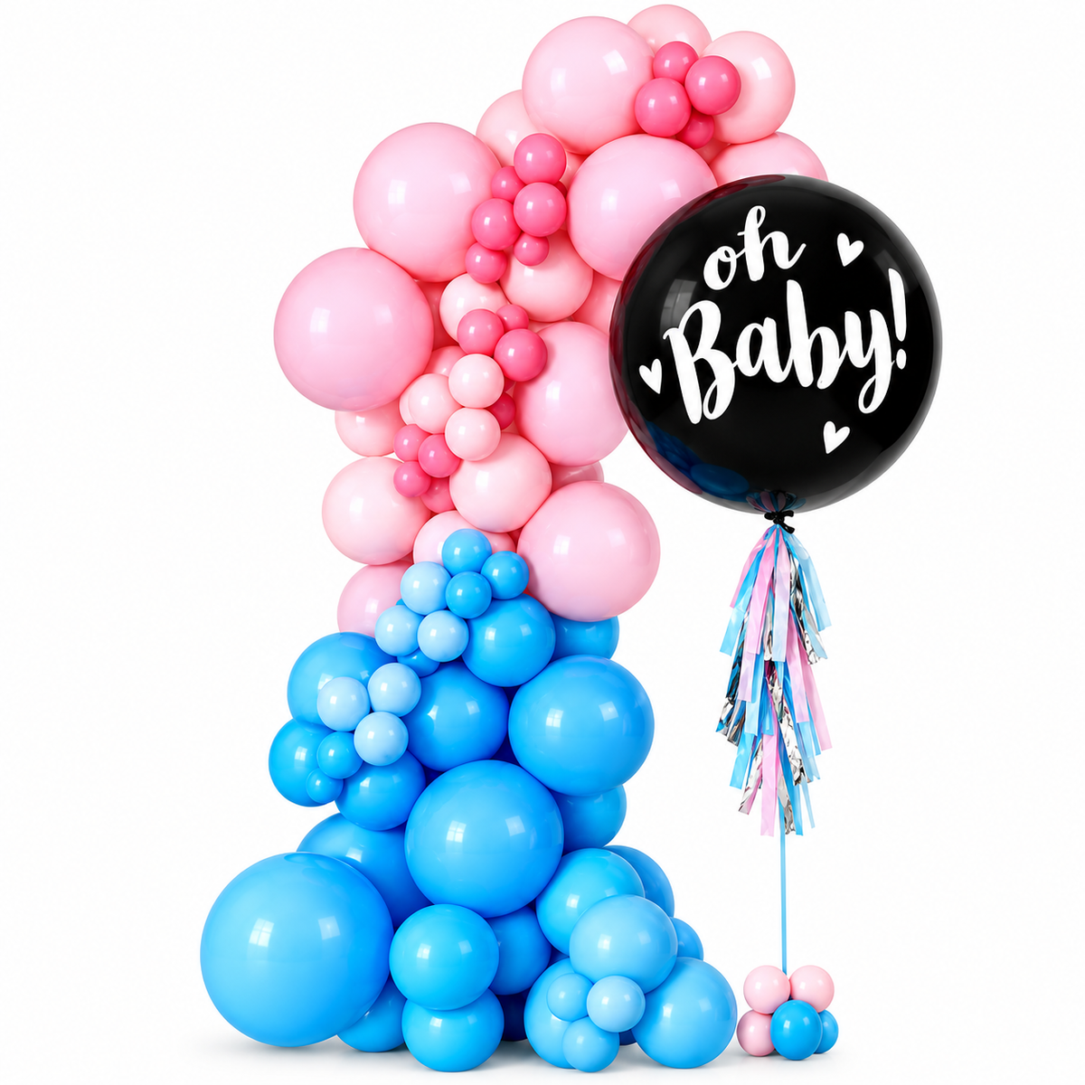 Pink and blue balloon arch with a black Oh Baby balloon and tassel tail