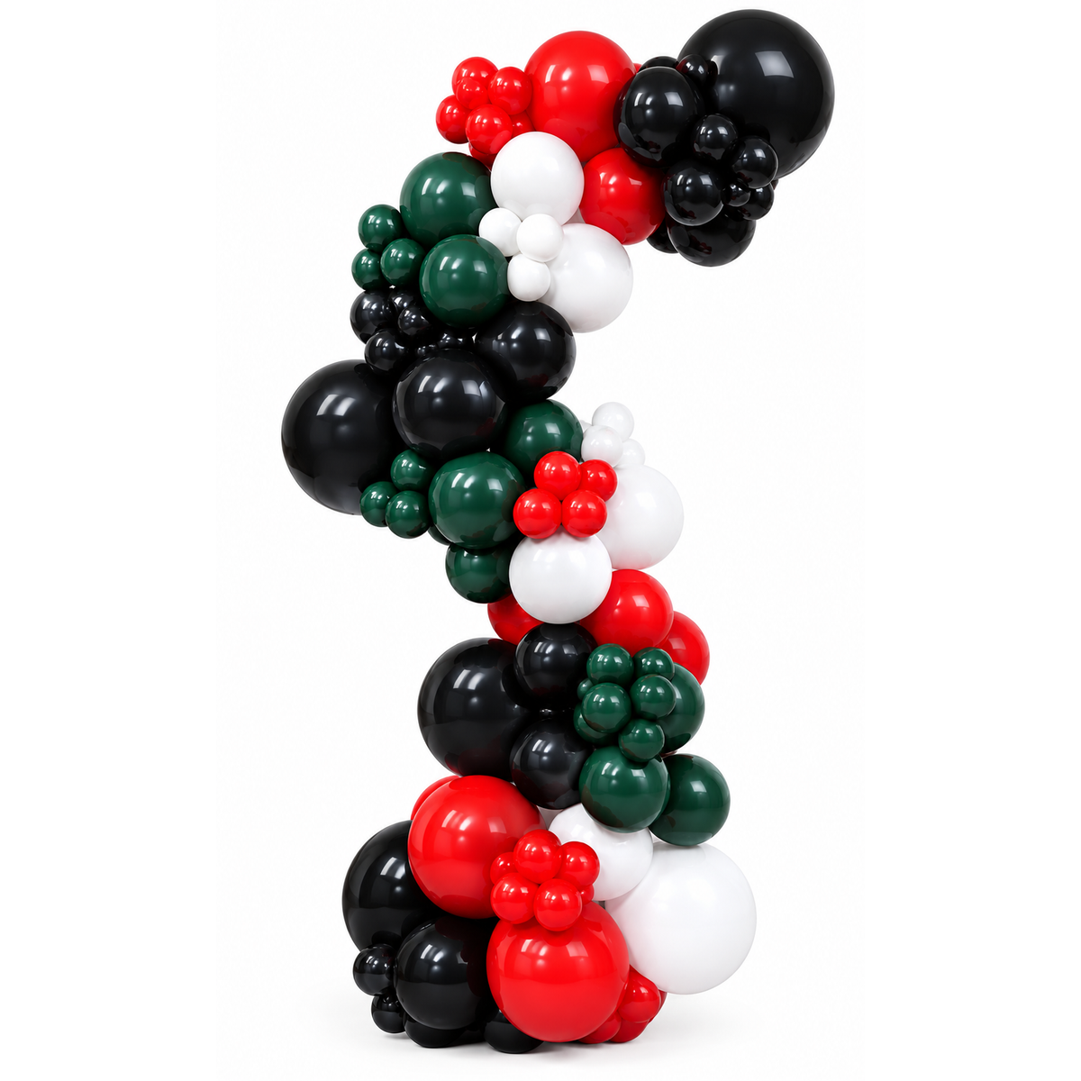 Red, green, white and black balloon arch in a curved organic garland design