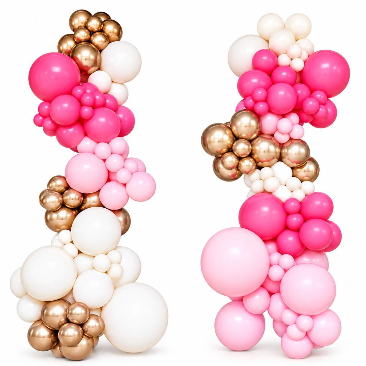 Pink, gold and white balloon arch pieces with chrome gold accents