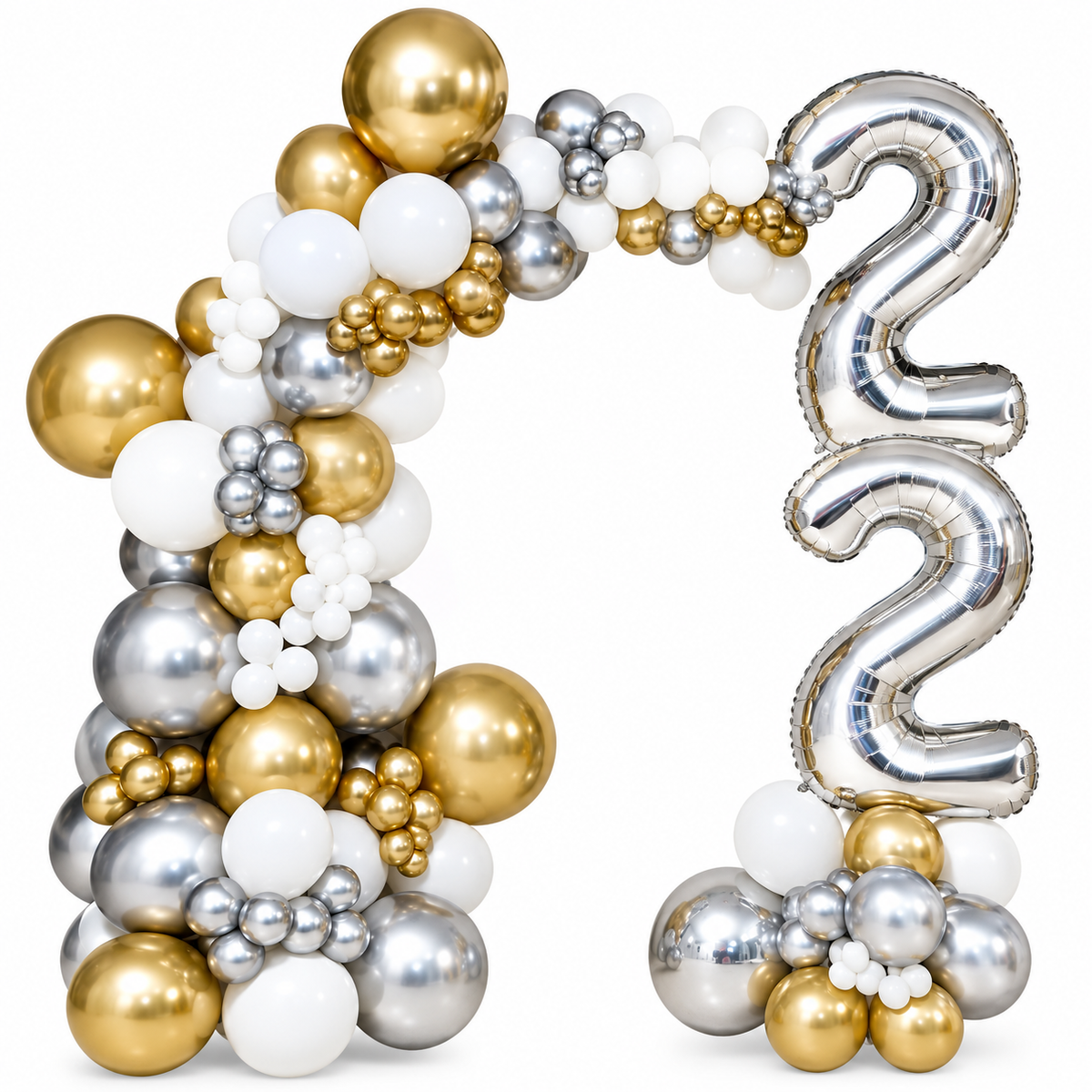 Gold, silver and white balloon arch with two silver foil number 2 balloons