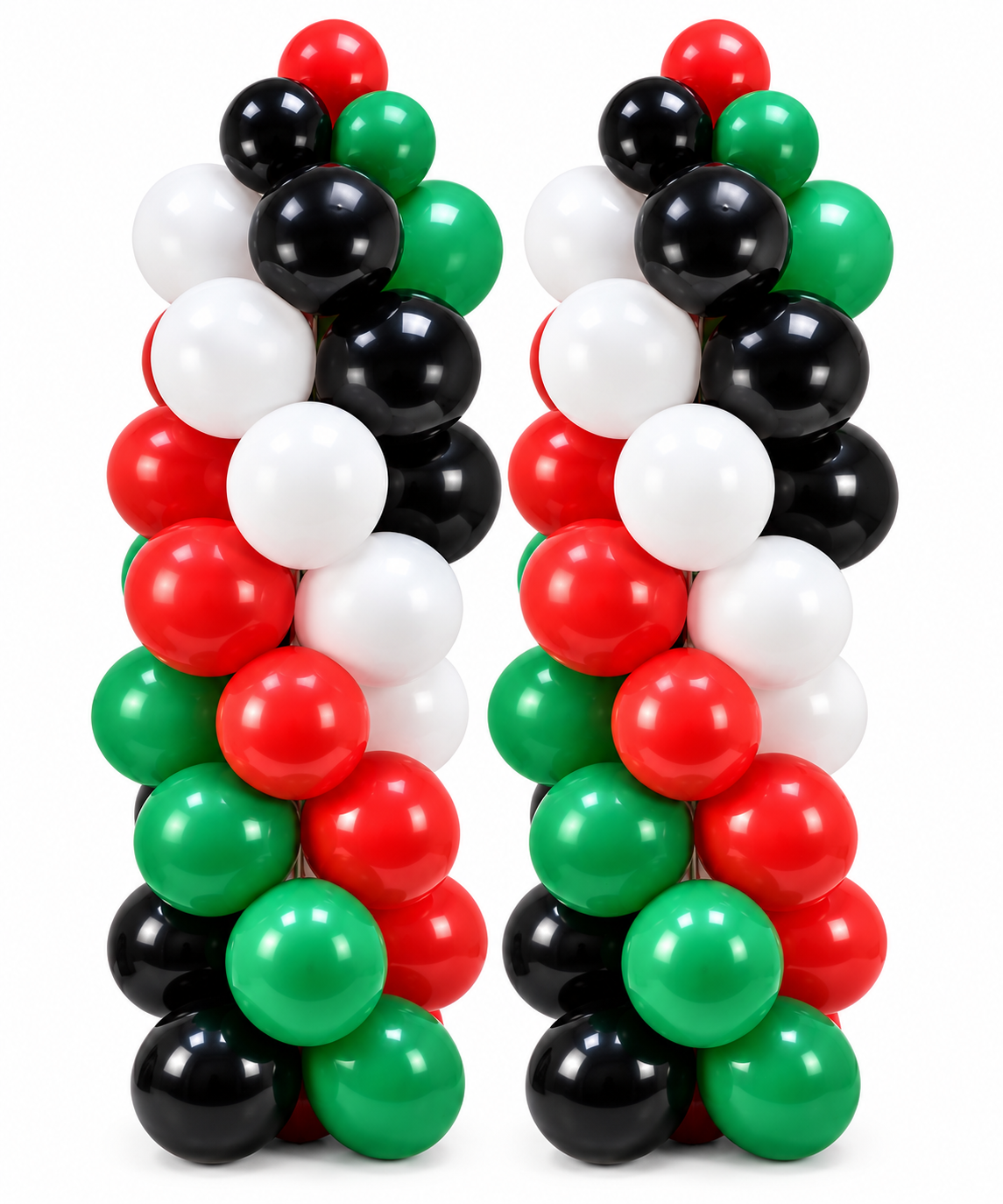 Two mini red green white and black latex balloon pillars each topped with a red latex balloon