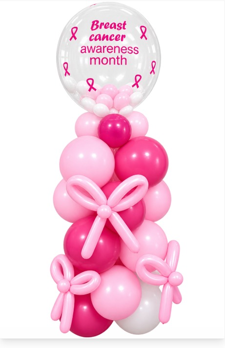 Light pink hot pink and white latex balloon pillar with three light pink balloon bows and a clear bubble printed Breast cancer awareness month with pink ribbons