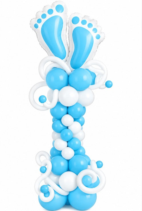 Blue and white balloon column topped with two baby feet foil balloons