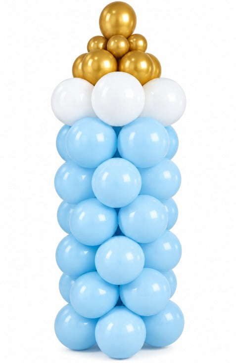 Pastel blue balloon column with white balloons and chrome gold balloons on top