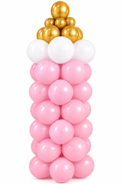 Pink balloon column with white balloons and chrome gold balloons on top