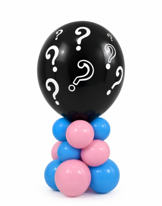 Black balloon printed with white question marks on a base of blue and pink balloons